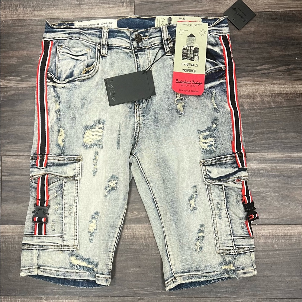 Men’s industrial indigo Distressed Denim Cargo Shorts with Red Accents
